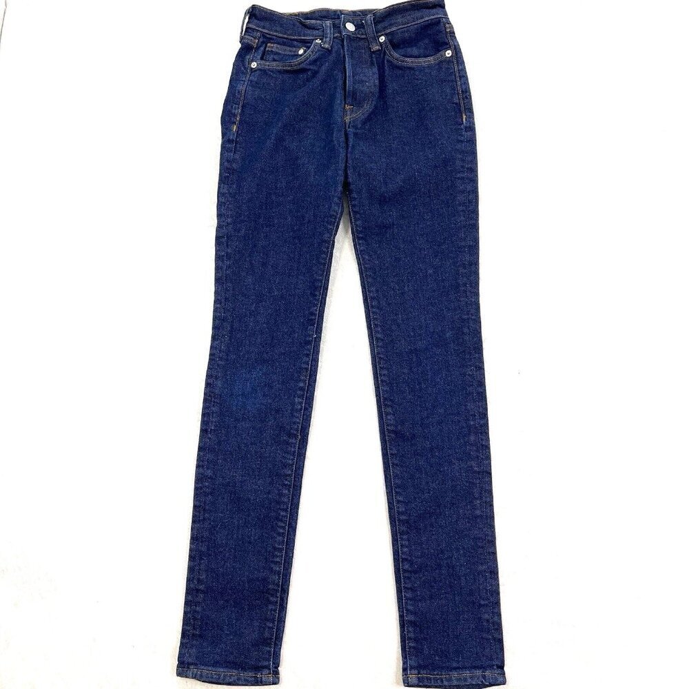 &DEMIN Button Fly Jeans Womens Size 28 Long Skinny Blue Dark Wash High Rise NWOT